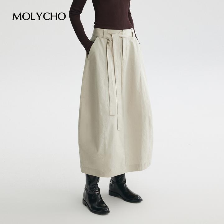 MOLYCHO｜松弛自洽_卡其色廓形绑带花苞裙/自由调节腰带半身裙女