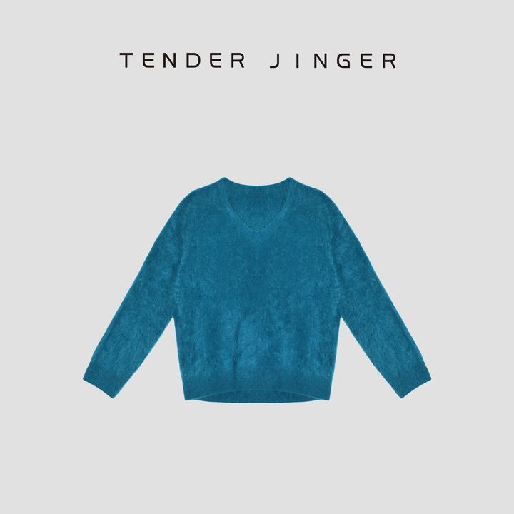 Tender Jinger【黑标】纯山羊绒拉绒V领无缝一体套头衫T54DDC50071