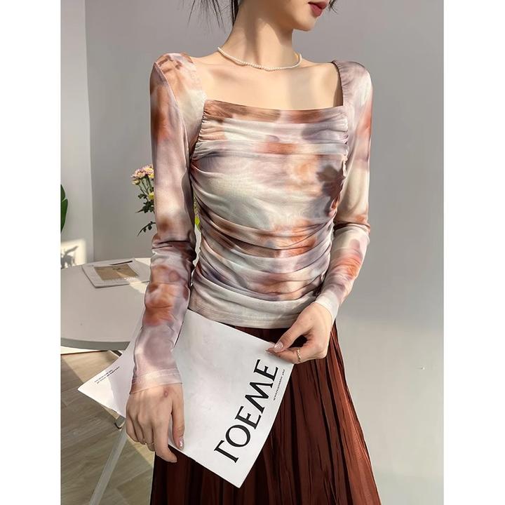 方领扎染长袖t恤女2025新款春季薄款网纱内搭修身短款打底衫上衣