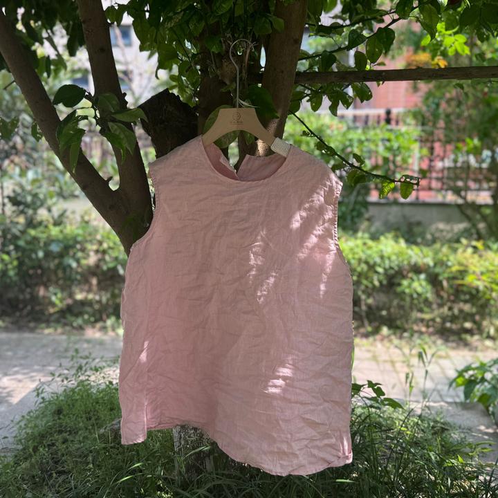 宽松通勤慵懒风纯亚麻常规圆领背后纽扣背心女中式夏季时尚上衣潮