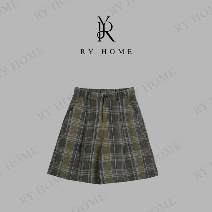 【容雨RYHOME】100%亚麻复古格纹百搭休闲短裤252K2653