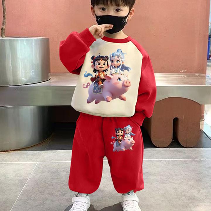 哪吒卫衣儿童服装新款男童全套洋气女童长袖卫衣两件套小孩子套装