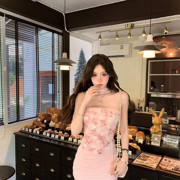 【蜜桃微醺】辣妹风气质蝴蝶鱼骨立体花抹胸上衣高腰百搭包臀短裙女