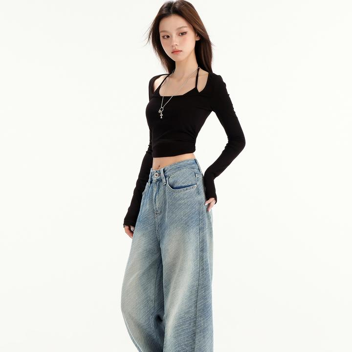 复古提花工艺宽松直筒阔腿牛仔裤女2025年秋季新款百搭显瘦拖地裤