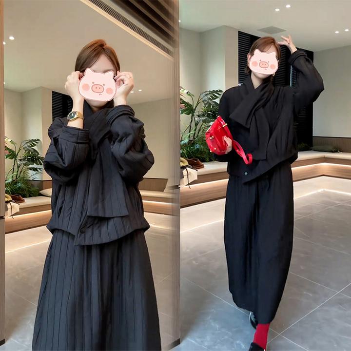 冬季新款韩版时尚百搭宽松长袖夹棉棉服外套a字半身裙两件套装女