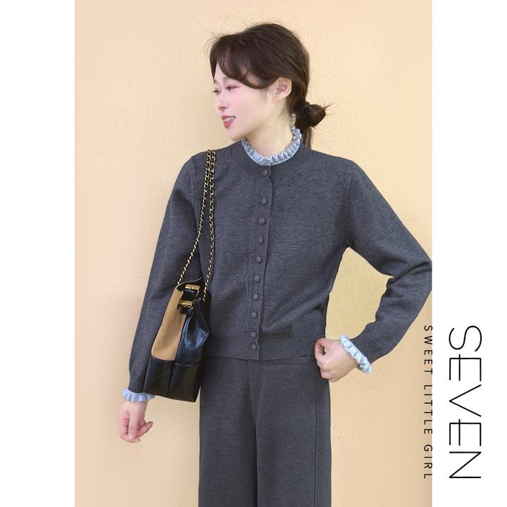 ⑦七七146小个子秋冬款保暖木耳领拼接灰色针织开衫毛衣女小美说