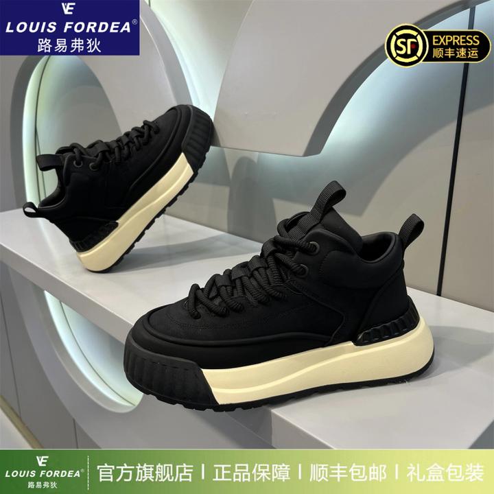 Louis Fordea/路易弗狄秋冬高帮厚底板鞋加绒保暖鞋增高休闲鞋子