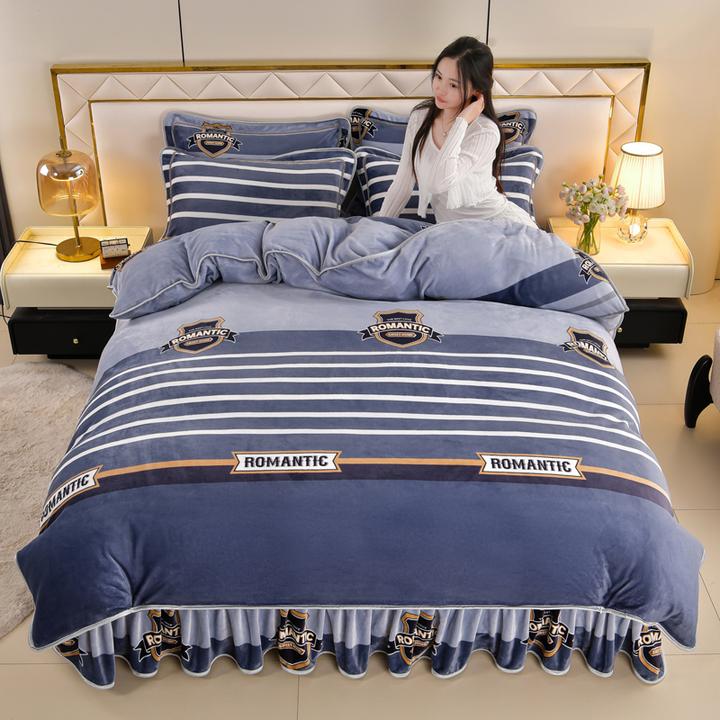 『条纹格子款』 加绒牛奶绒四件套毛绒冬四件套床裙款保暖床单套件