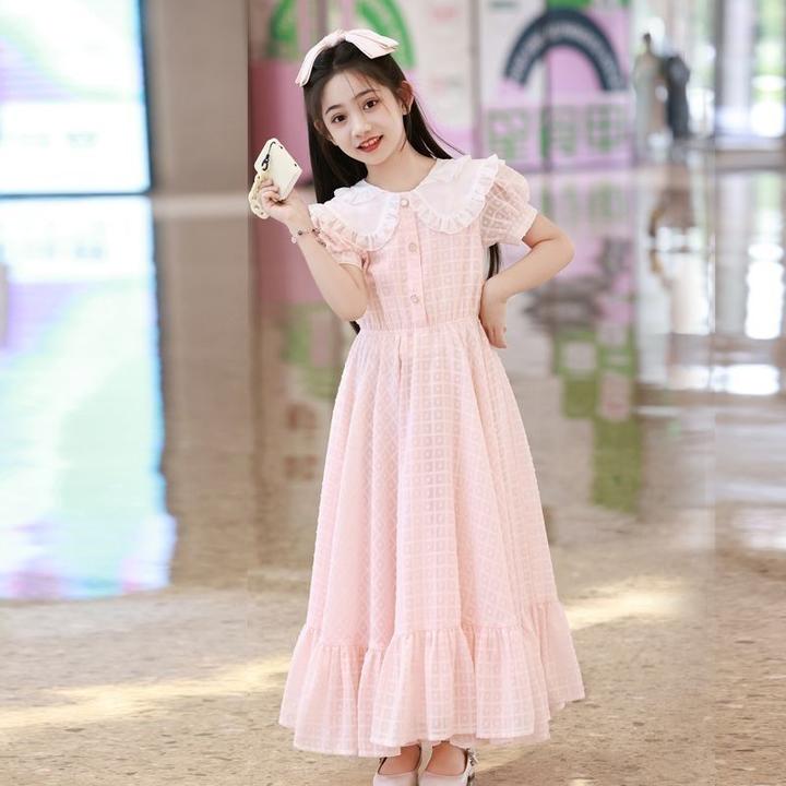女童连衣裙夏6-12岁新款洋气儿童公主裙娃娃领中大童夏季裙长裙