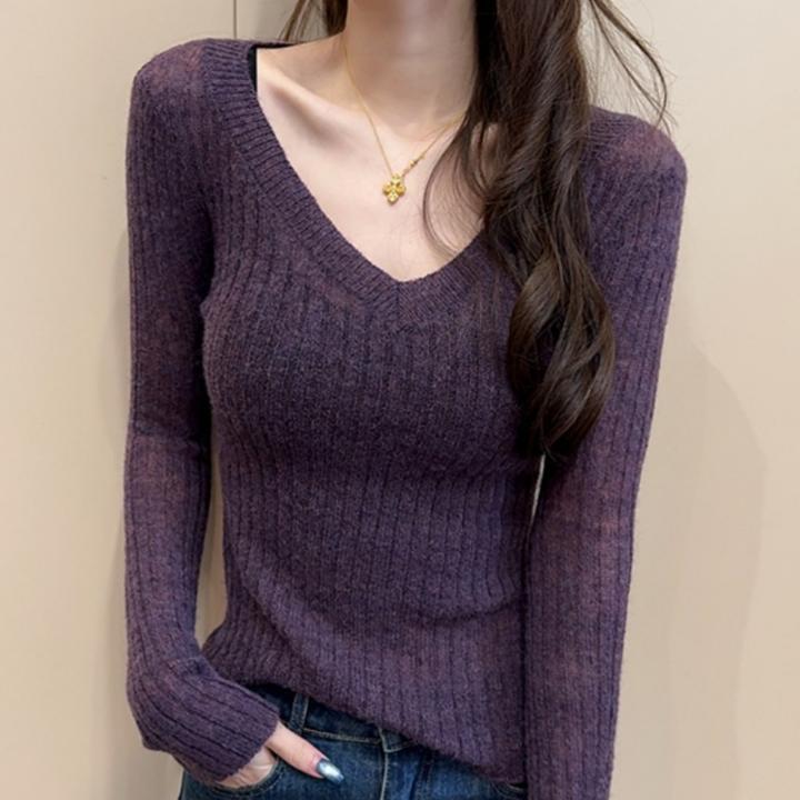 欧货秋冬修身显瘦打底针织衫女宽边V领马海毛坑条毛衣软糯糯上衣