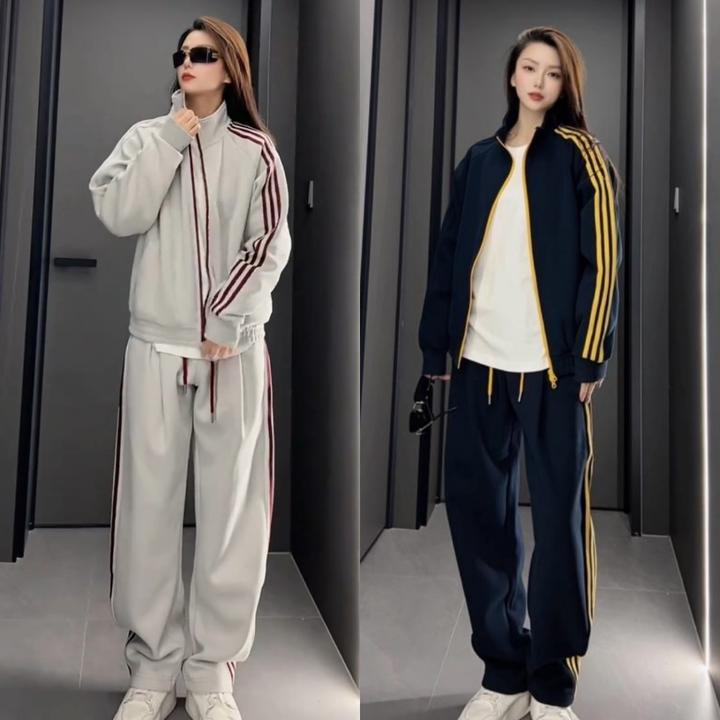 2025秋冬时尚撞色条纹百搭情侣宽松潮立领卫衣休闲裤潮流时尚套装
