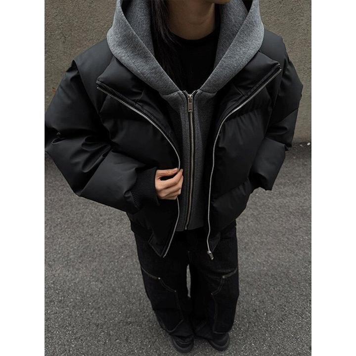 美拉德咖灰色假两件连帽棉服男秋冬加厚保暖短款立领棉衣夹克外套