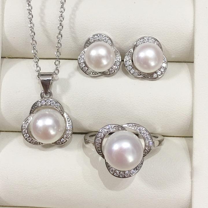 5A天然淡水珍珠吊坠耳钉戒指套装时尚优雅轻奢简约三叶草花朵首饰