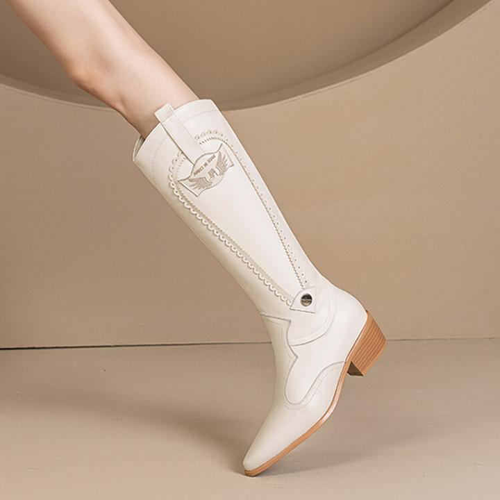 尖头低跟长靴女秋冬新款法式显瘦骑士靴真皮复古英伦风粗跟高筒靴