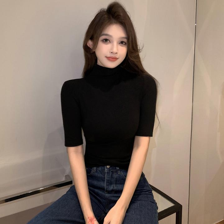 黑色螺纹半高领中袖t恤女春秋内搭高级感修身打底五分袖显瘦上衣