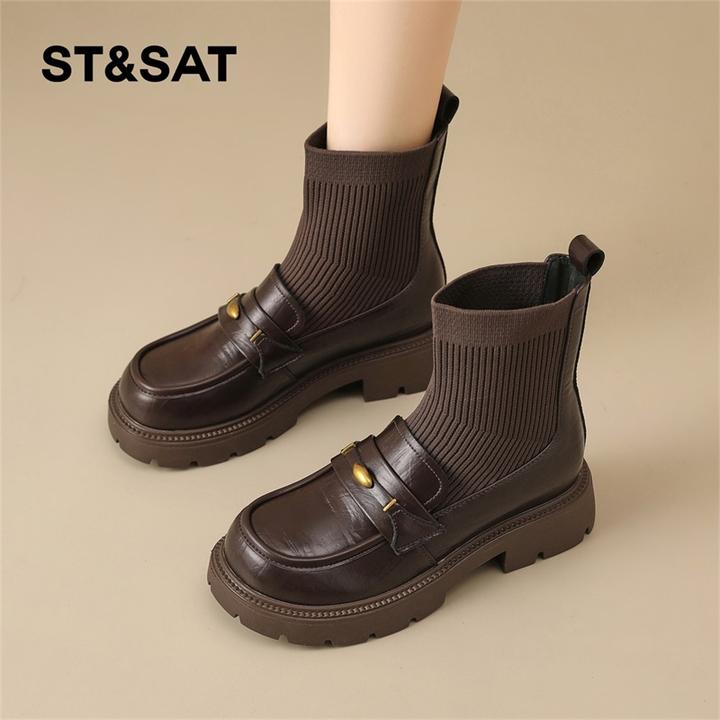 星期六棕色弹力靴女款2025秋季新款厚底袜靴复古风短靴休闲乐福鞋