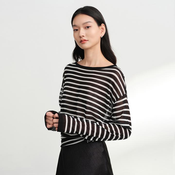 EP雅莹早秋新款 简约慵懒风圆领条纹宽松针织衫上衣9538A