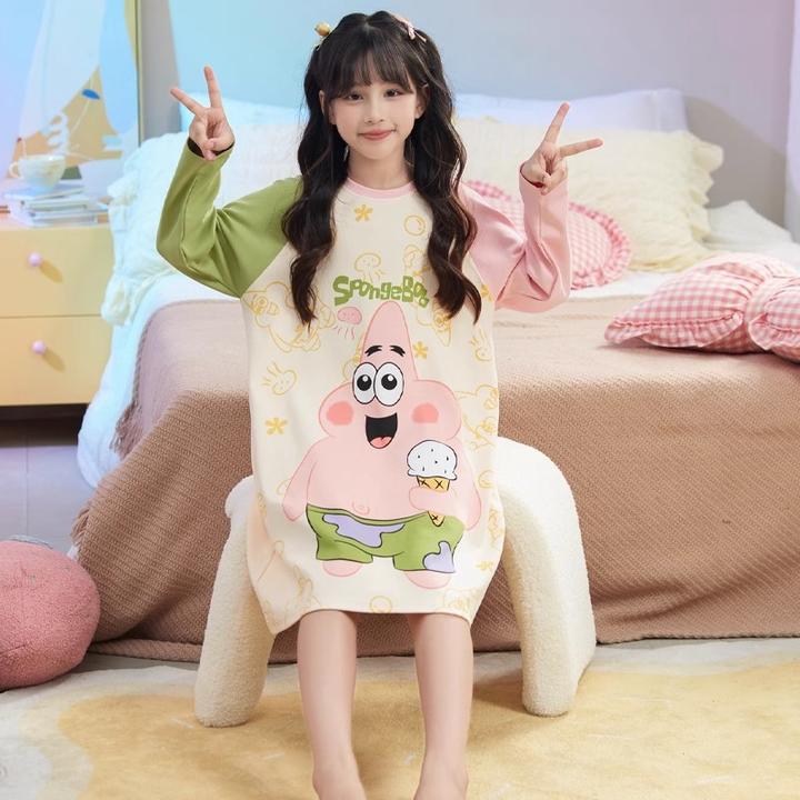 儿童睡裙女孩2025新款春秋季派大星纯棉长袖宝宝家居服女童睡衣裙
