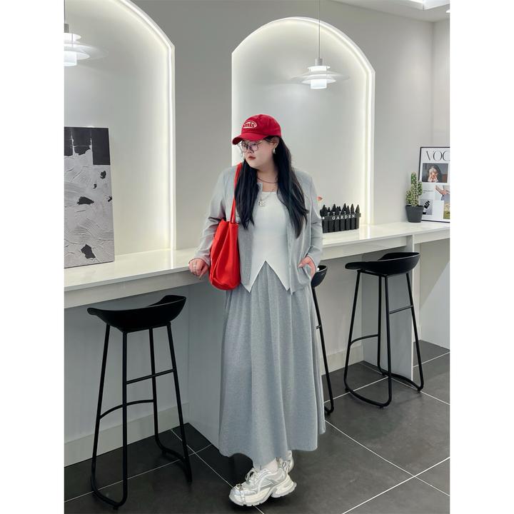 大码女装秋季百搭花契200斤胖mm时尚松弛感针织开衫半裙套装14018