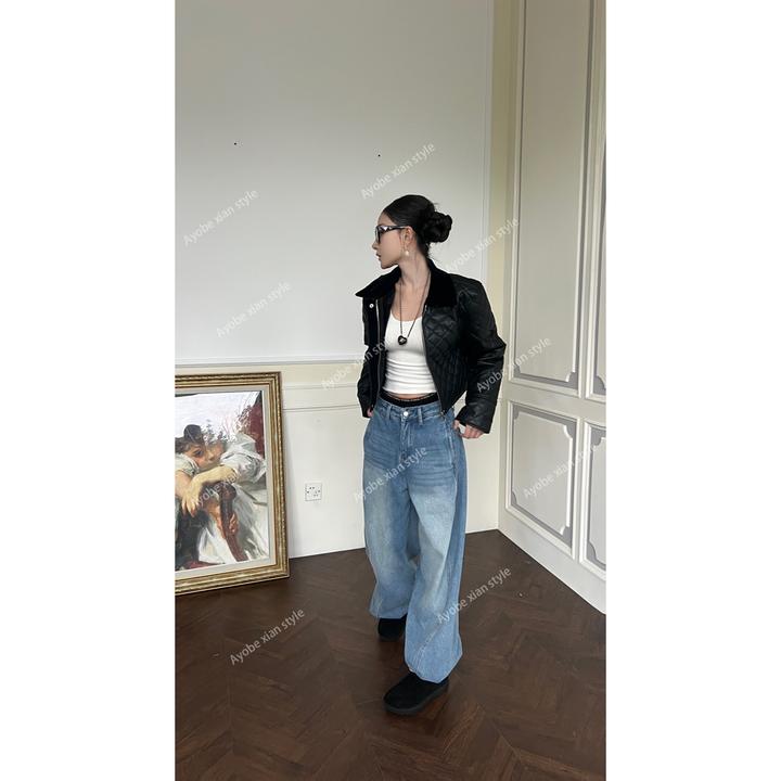 【AYOBE】小贤  小众酷飒机车风菱格夹克质感加绒外套