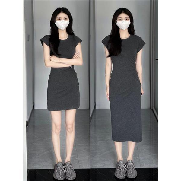 2023夏季新款法式褶皱T恤裙包臀裙女纯欲收腰显瘦小个子连衣裙女