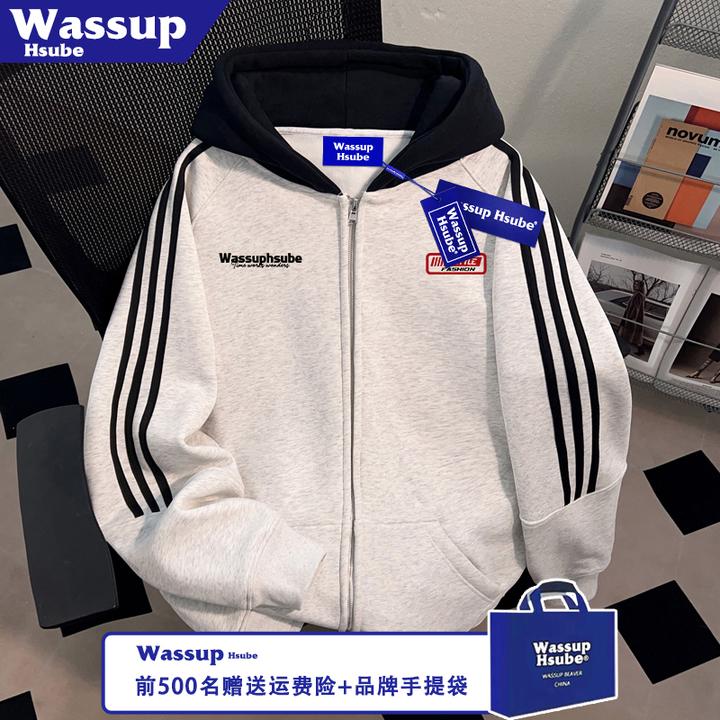 WASSUP HSUBE小众印花卫衣男女款拉链三条杠外套秋冬加绒连帽开衫