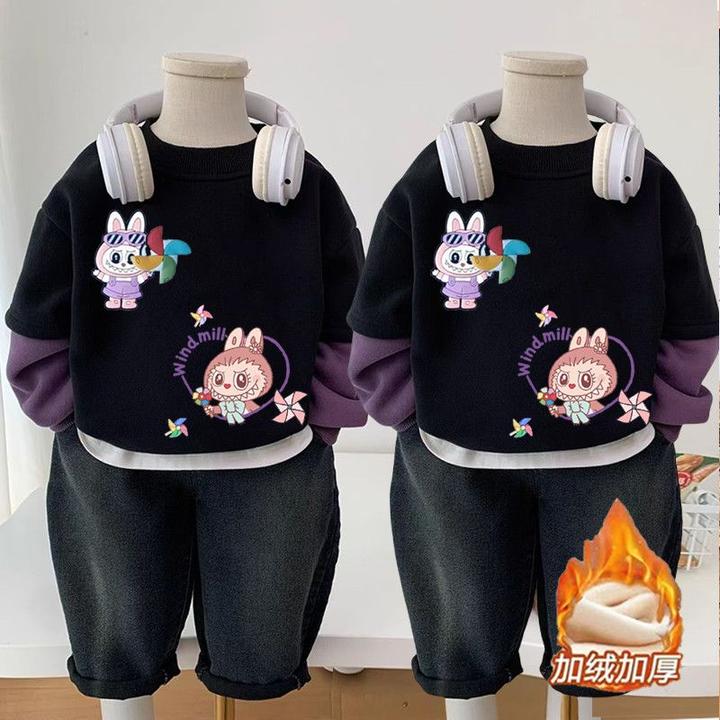 新款2025冬季拉布布男宝加绒卫衣儿童时尚百搭圆领保暖厚款上衣衫