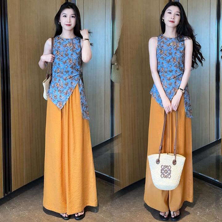 时尚套装女2025夏季新款洋气减龄显瘦不规则无袖上衣阔腿裤两件套