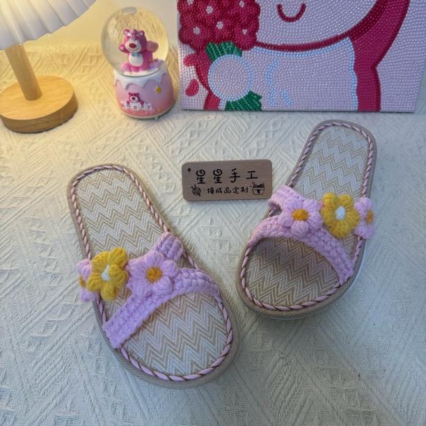 成品鞋 手工钩织工字款小花凉拖鞋孺子牛鞋底亚麻居家粉色