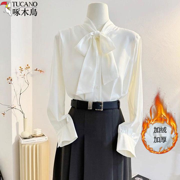 啄木鸟蝴蝶结加绒衬衫秋冬新款气质飘带保暖抗皱衬衣职业通勤上衣