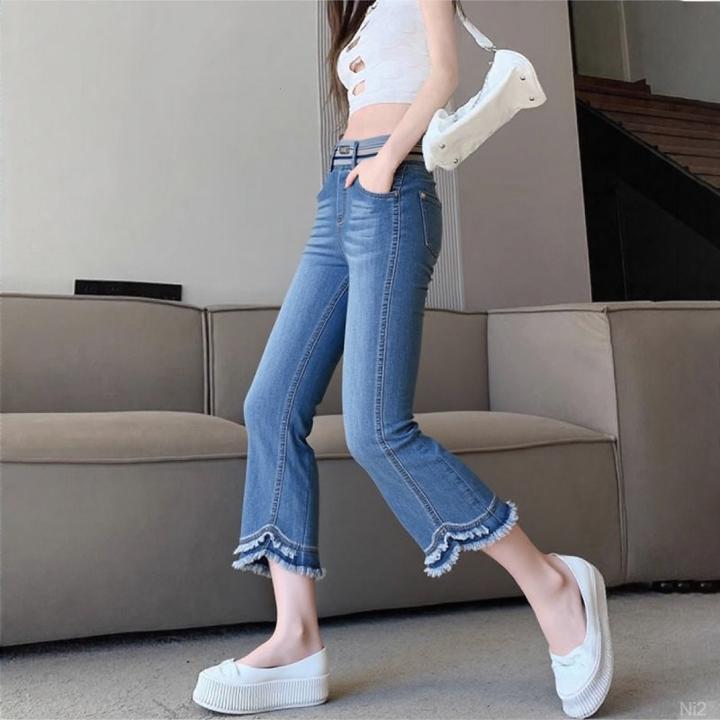 松紧腰七分设计感微喇牛仔裤女夏季薄款2025年新款高腰喇叭裤子