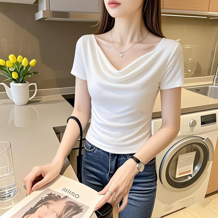 莫代尔荡领一字肩正肩短袖T恤女新款夏季纯欲辣妹小众显瘦上衣潮