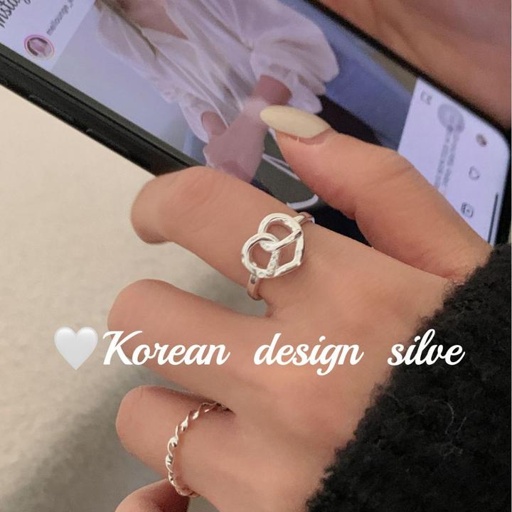 lulu韩版ins博主推荐银饰品 S925银简约设计银扭扭爱心碱水结戒指
