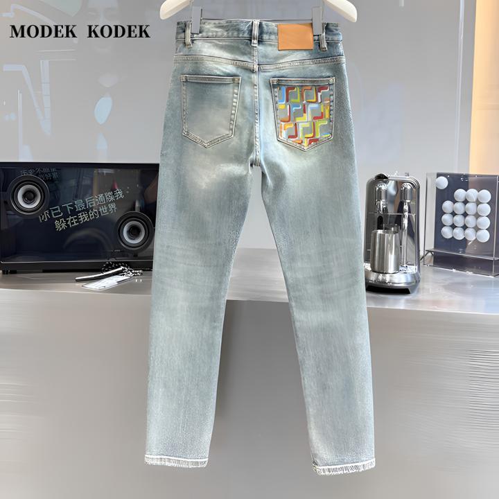 MODEK KODEK轻奢潮牌修身小脚牛仔裤男士春夏季新款印花复古长裤