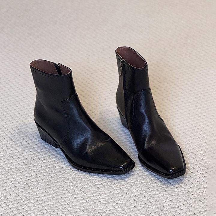 羊皮版~复古高跟粗跟方头中筒小短靴侧拉链显瘦时尚百搭女瘦瘦靴