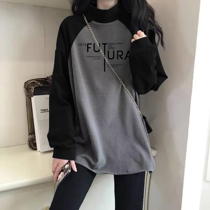 德绒加绒保暖撞色插肩长袖t恤女宽松上衣秋冬打底衫半高领中长款