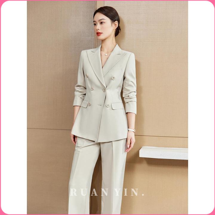 RUAN YIN职业装职业装工作服美容院经典2025新款米色西装阔腿裤时
