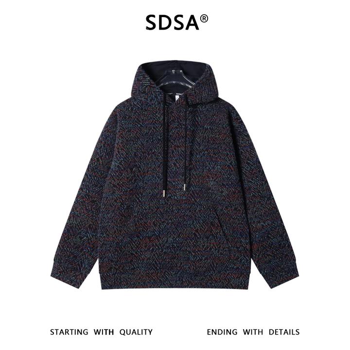 SDSA男士秋冬新款痞帅男装宽松潮流彩色提花绒毛抽绳连帽卫衣百搭