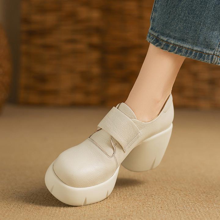 羊皮8cm小个子厚底乐福鞋女新款百搭真皮粗跟单鞋高跟休闲小白鞋