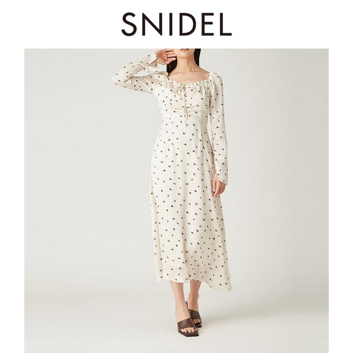 FRAY I.D2025春夏新品优雅时尚方领印花系带收腰连衣裙FWFO251074