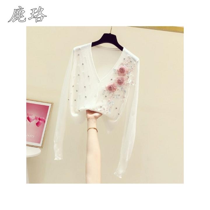 新中式国风新韩版甜美立体刺绣花朵V领长袖修身针织开衫女薄外套