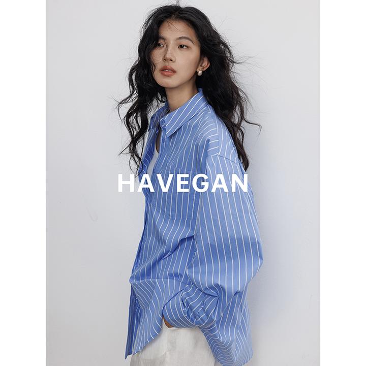 与间HAVEGAN/冬季慵懒长袖条纹衬衫女2025新款通勤休闲气质上衣
