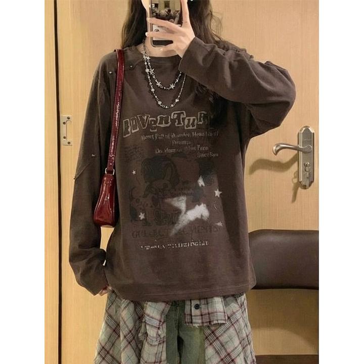 美式秋冬圣诞款大码宽松上衣小妈风内搭打底衫长袖胖mm棕色上衣