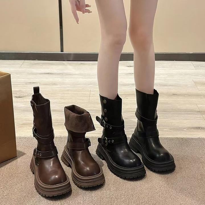 粗跟厚底马丁靴女款2024新款棕色复古春秋英伦风显瘦增高短筒靴子