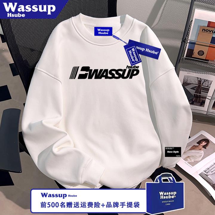 WASSUP HSUBE秋冬季男女款百搭白色上衣休闲斜条英文印花慵懒卫衣