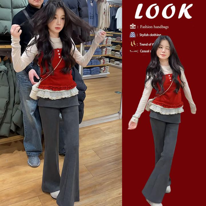 初春穿搭一整套2025新款时尚设计打底衫减龄吊带显瘦休闲裤三件套