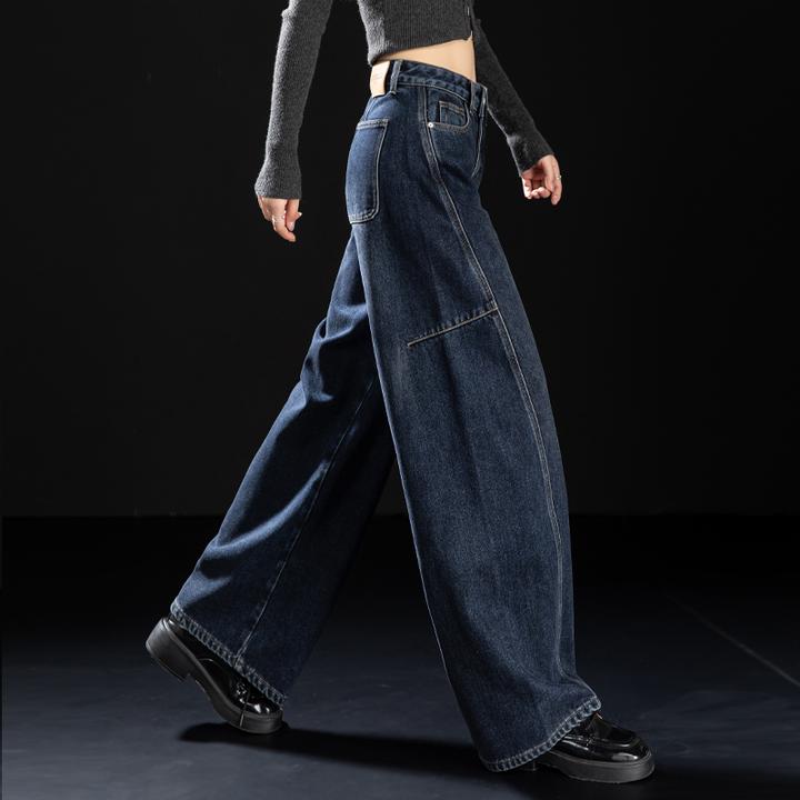 深蓝色加绒牛仔裤女款爆款2025新款秋冬抓绒直筒裤宽松弯刀阔腿裤