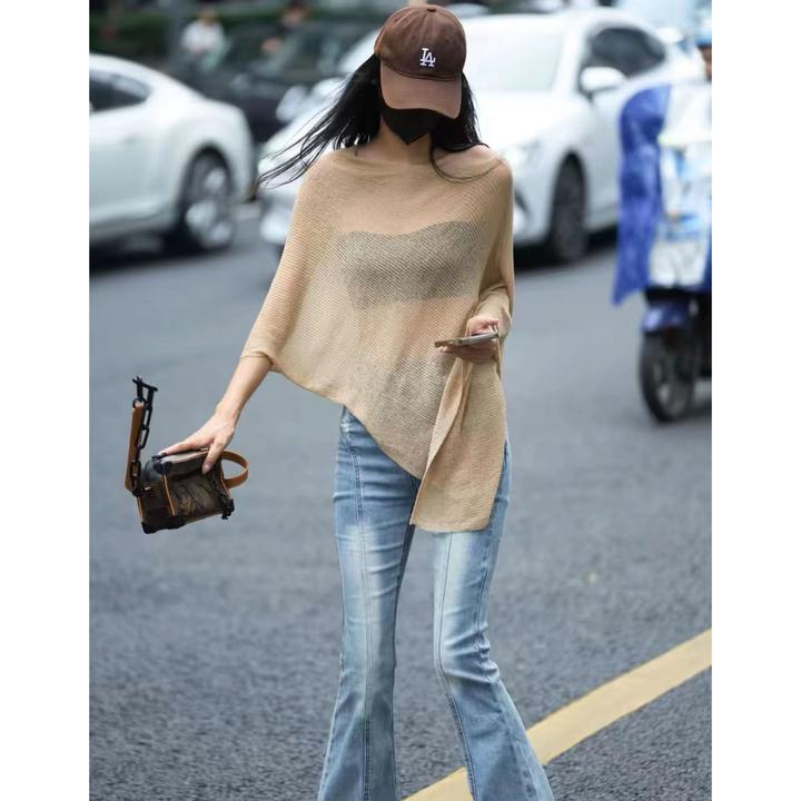 独特感不规则薄款披肩女夏季宽松纯色针织上衣