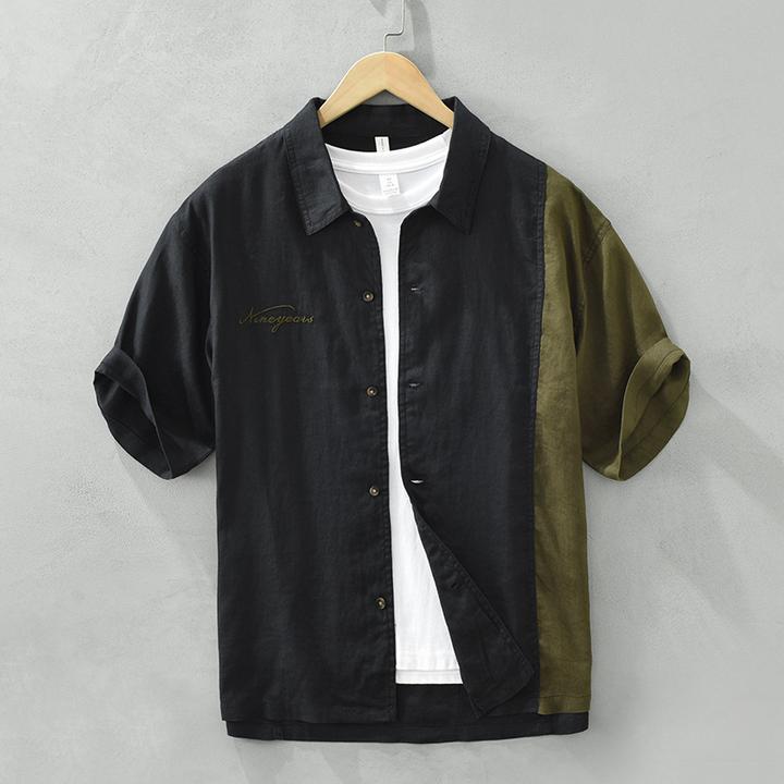 2785日系麻料休闲衬衫男士短袖宽松复古纯亚麻拼接衬衣男