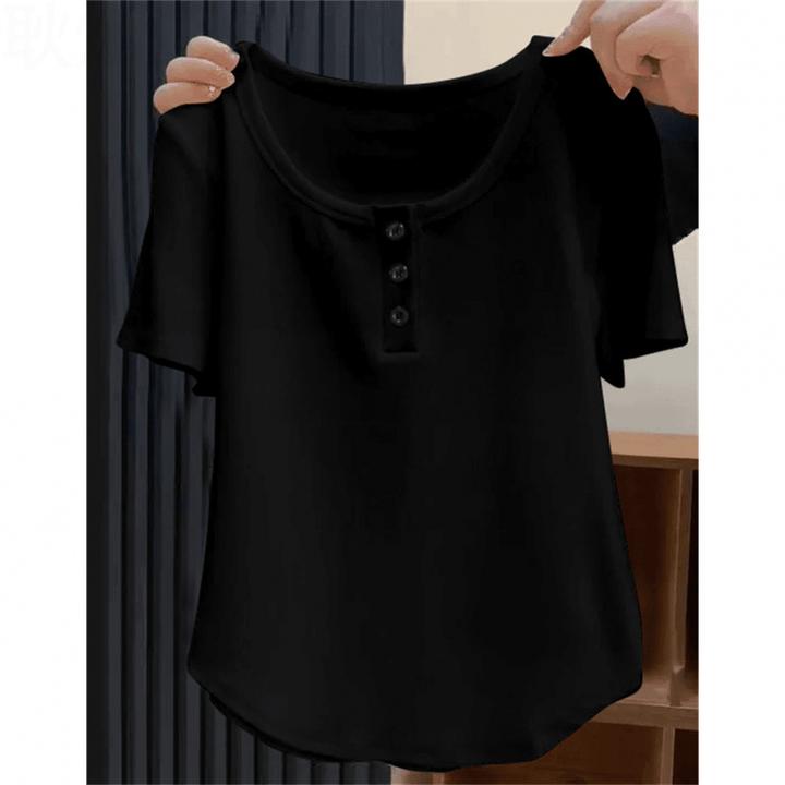 春夏季方领正肩短袖T恤女大码设计感显瘦修身百搭打底衫上衣
